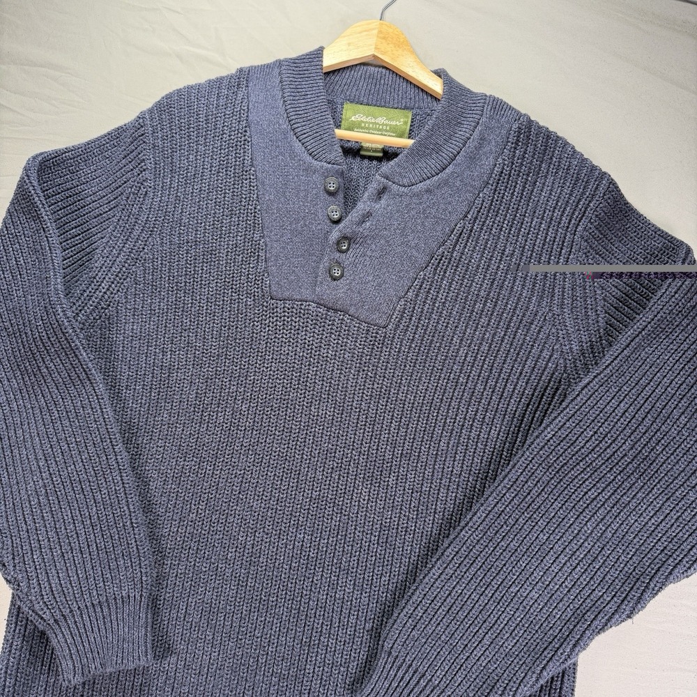Eddie Bauer Sweater Mens Large Blue Pullover Knit Ribbed Henley Buttons Cotton